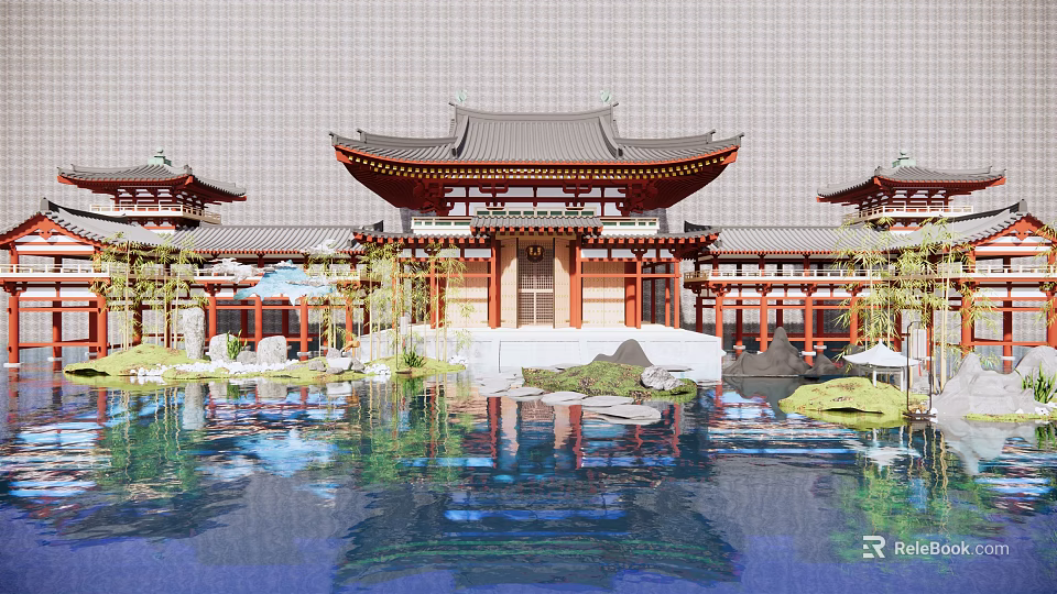 Ancient Chinese Architecture with Curved Eaves Red Pillars and Pond Reflection 3d model 