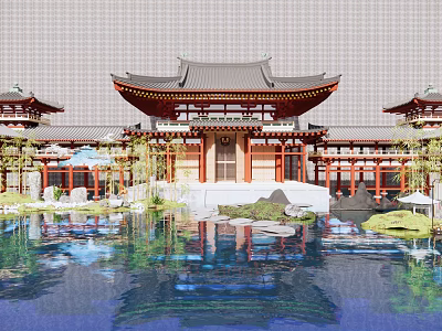 Ancient Chinese Architecture with Curved Eaves Red Pillars and Pond Reflection 3d model