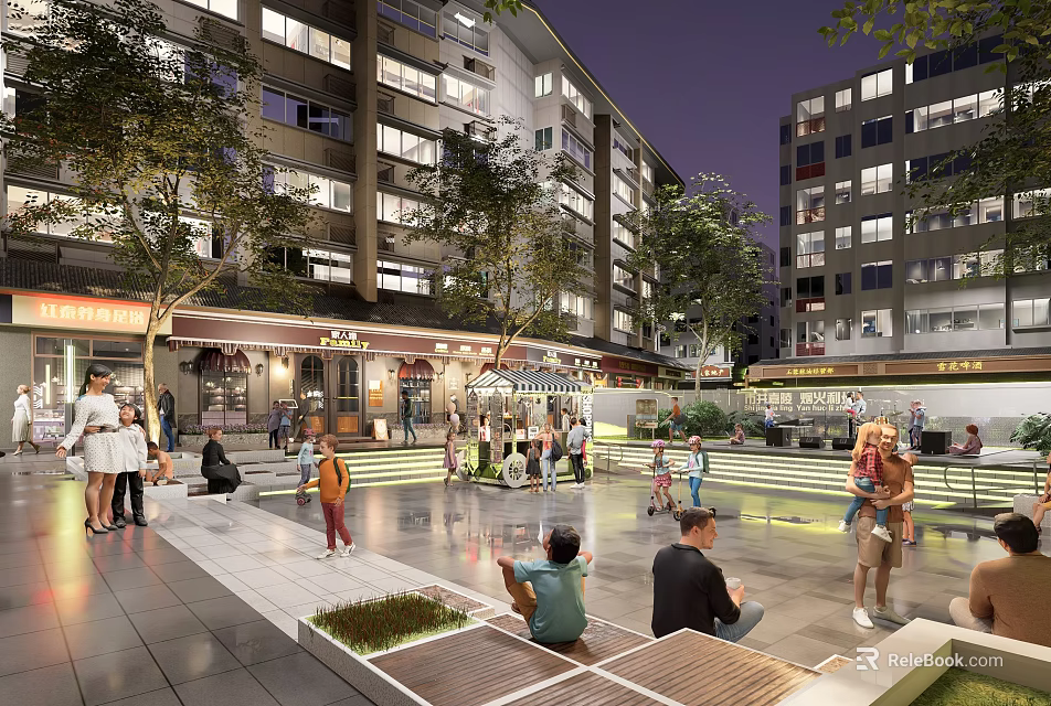 Evening Park Landscape with High Rise Buildings People Gathering Children Playing Trees and Illuminated Plaza Area 3d model 