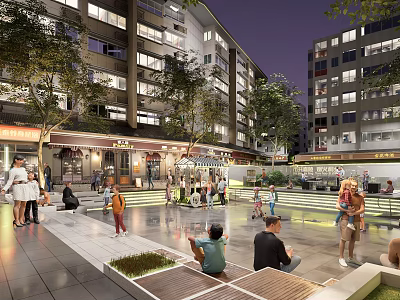 Evening Park Landscape with High Rise Buildings People Gathering Children Playing Trees and Illuminated Plaza Area 3d model