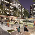 Evening Park Landscape with High Rise Buildings People Gathering Children Playing Trees and Illuminated Plaza Area