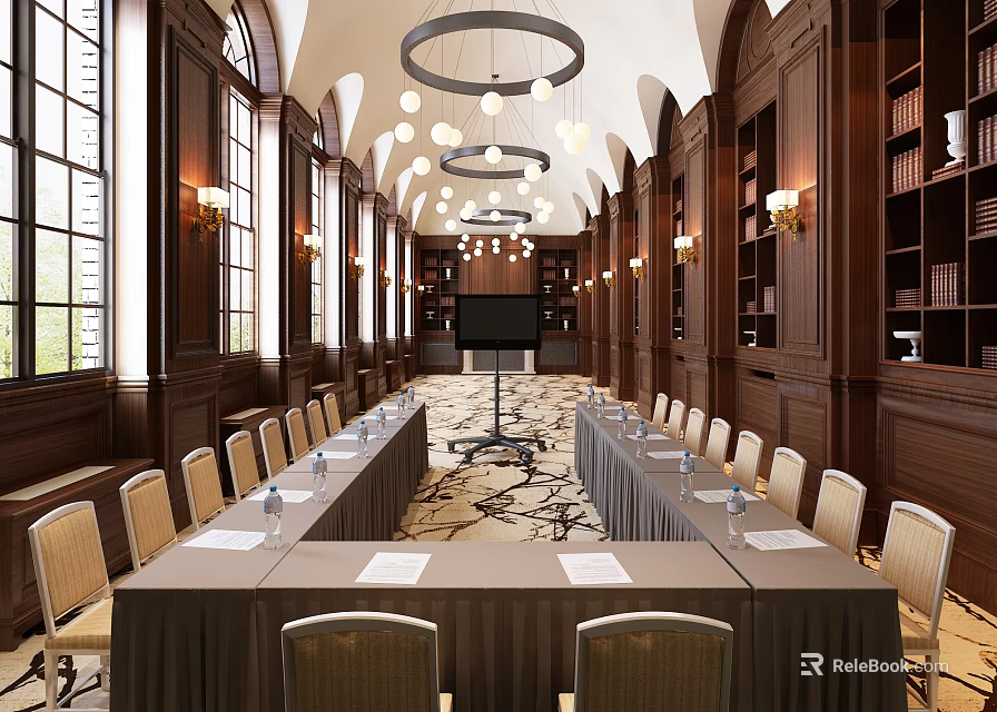 Elegant Conference Room With Long Tables Chairs Chandeliers Large Windows Wooden Bookshelves And Projection Screen 3d model 