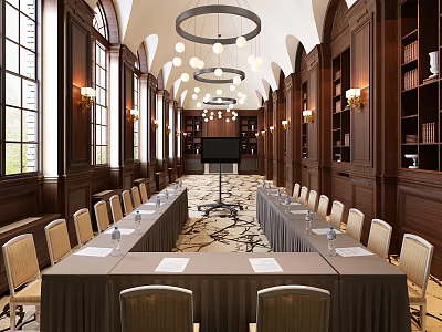 Elegant Conference Room With Long Tables Chairs Chandeliers Large Windows Wooden Bookshelves And Projection Screen 3d model