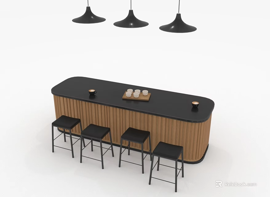 Elegant Modern Bar Counter With Black Top Wooden Sides Four Stools And Three Pendant Lights 3d model 