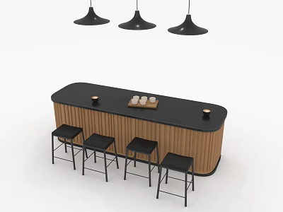 Elegant Modern Bar Counter With Black Top Wooden Sides Four Stools And Three Pendant Lights 3d model