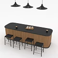 Elegant Modern Bar Counter With Black Top Wooden Sides Four Stools And Three Pendant Lights