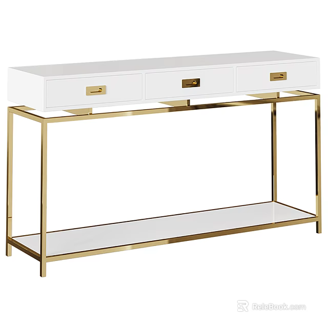 Elegant Modern White Console Table with Gold Metal Frame Drawers and Shelf 3d model 