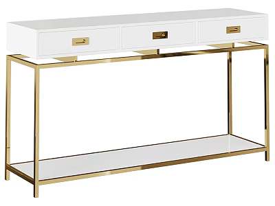 Elegant Modern White Console Table with Gold Metal Frame Drawers and Shelf 3d model