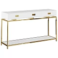 Elegant Modern White Console Table with Gold Metal Frame Drawers and Shelf 3d model