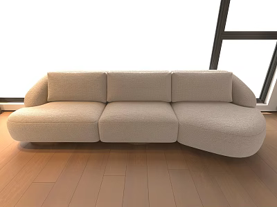 Modern Beige Sectional Sofa in Bright Room With Wooden Floor and Large Window 3d model