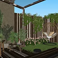 Serene Garden with Woven Hanging Chair Hydrangea Flowers Climbing Plants Wooden Deck and Green Lawn