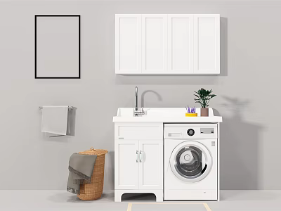 Modern Bathroom Vanity With White Cabinets Washing Machine Towel Basket And Potted Plant 3d model