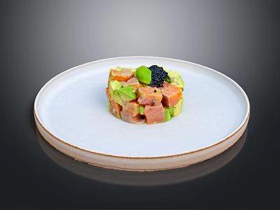 Elegant Tuna Avocado Tartare Topped With Black Caviar On White Plate 3d model