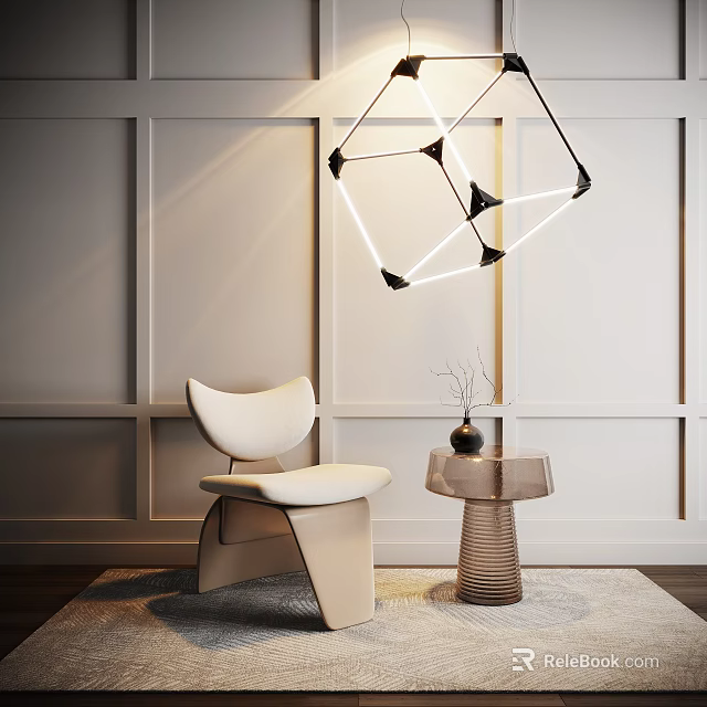 Modern Accent Chair In White With Geometric Chandelier Small Side Table And Light Wall 3d model 