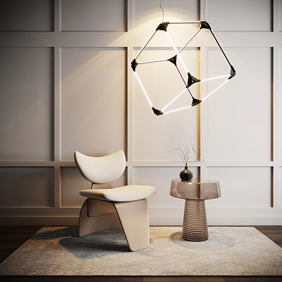 Modern Accent Chair In White With Geometric Chandelier Small Side Table And Light Wall 3d model