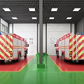 Indoor Parking Garage With Two Red Fire Trucks Red Green Floor And Lockers