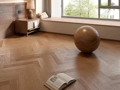 Herringbone Wooden Floor In Room With Open Book Wooden Ball And Window Bench 3d model