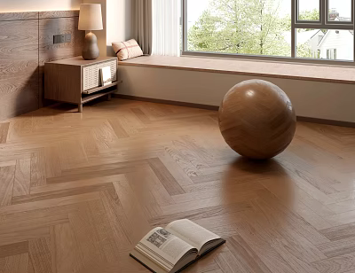 Herringbone Wooden Floor In Room With Open Book Wooden Ball And Window Bench 3d model