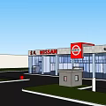 Modern Nissan 4S Dealership Exterior With Glass Curtain Wall And Parking Lot