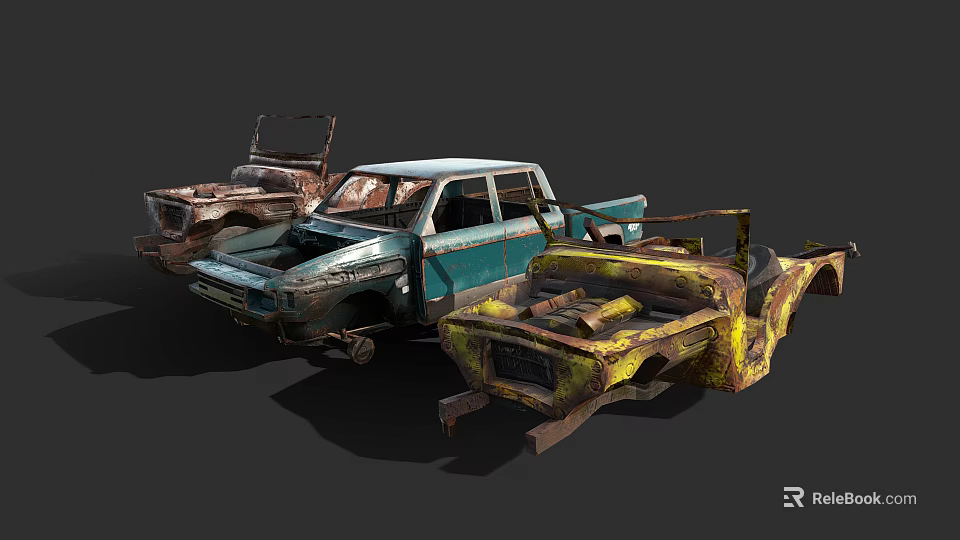 Rusted Abandoned Trucks With Damaged Parts In Junkyard Blue And Yellow 3d model 
