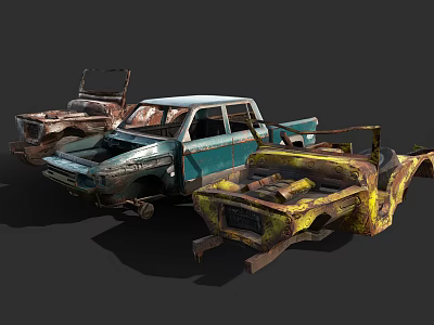 Rusted Abandoned Trucks With Damaged Parts In Junkyard Blue And Yellow 3d model