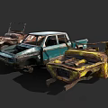 Rusted Abandoned Trucks With Damaged Parts In Junkyard Blue And Yellow