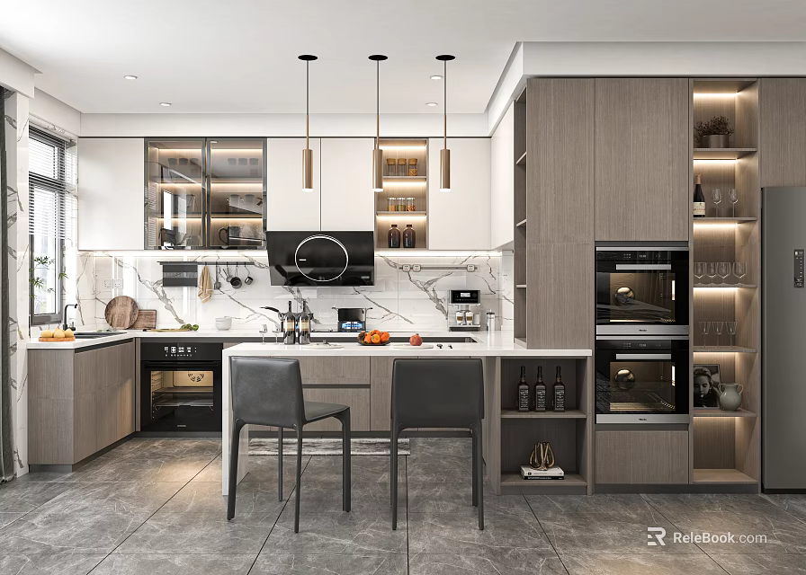 Modern Kitchen Interior With Grey Island Counter Wooden Cabinets Appliances And Pendant Lights 3d model 