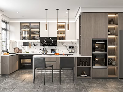Modern Kitchen Interior With Grey Island Counter Wooden Cabinets Appliances And Pendant Lights 3d model