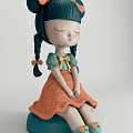 Blue Haired Doll With Braided Pigtails Orange Bow Green Top Yellow Bow Orange Skirt Sitting