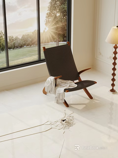 White Floor Tiles In Bright Interior Space With Wicker Chair Floor Lamp And Window 3d model 