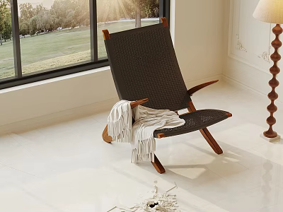 White Floor Tiles In Bright Interior Space With Wicker Chair Floor Lamp And Window 3d model