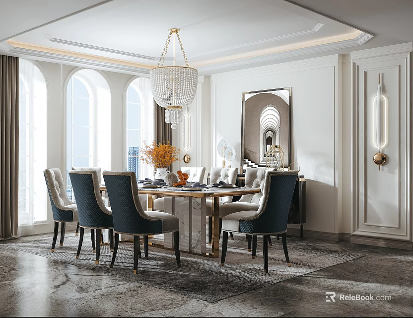 Elegant Restaurant Dining Area With Arched Windows Crystal Chandelier Blue Chairs And Decorative Mirror 3d model 