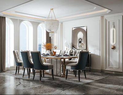 Elegant Restaurant Dining Area With Arched Windows Crystal Chandelier Blue Chairs And Decorative Mirror 3d model