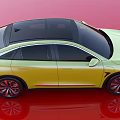 Sleek Yellow Electric SUV with Black Roof and Modern Design on Reflective Red Surface