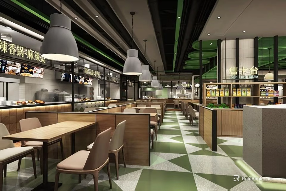 Modern Restaurant Interior With Geometric Patterned Floor Pendant Lights And Wooden Tables 3d model 