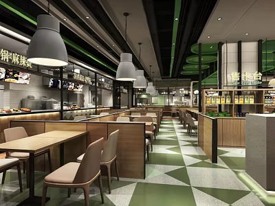 Modern Restaurant Interior With Geometric Patterned Floor Pendant Lights And Wooden Tables 3d model