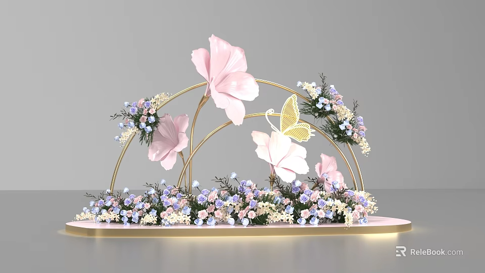 Elegant Photo Spot With Golden Arch Frame Pink Flowers Butterfly Decor And Purple White Flowers 3d model 
