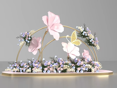 Elegant Photo Spot With Golden Arch Frame Pink Flowers Butterfly Decor And Purple White Flowers 3d model