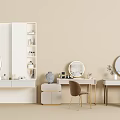 Minimalist Dressing Table Interior With Round Mirror And Gold Frame Chair Setup 3d model