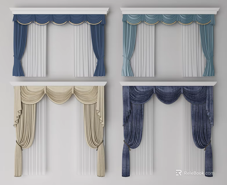 Various Designed Curtains With Valance And Pleated Details In Blue Beige And Navy 3d model 