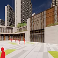 Modern Commercial Street Shopping Hub Featuring Colorful Circular Decorations High Rise Buildings And Green Lawn