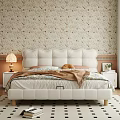 Double Bed with White Upholstered Headboard Floral Wallpaper Nightstand and Table Lamp in Bright Bedroom