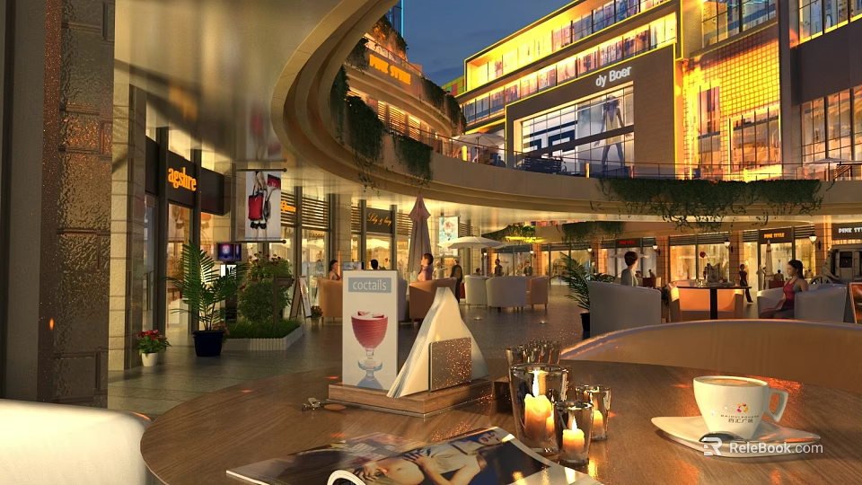 Illuminated Commercial Street with Multi storey Buildings Shops Dining Areas and Green Plants Evening Atmosphere 3d model 