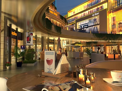 Illuminated Commercial Street with Multi storey Buildings Shops Dining Areas and Green Plants Evening Atmosphere 3d model