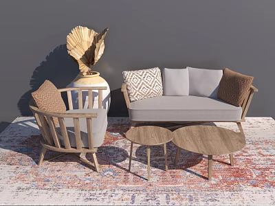 Modern Sofa and Coffee Table Set With Light Grey Cushions Wooden Round Tables Patterned Rug 3d model