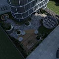 Modern Office Building Exterior With Glass Curtain Walls And Landscaped Entrance Greenery