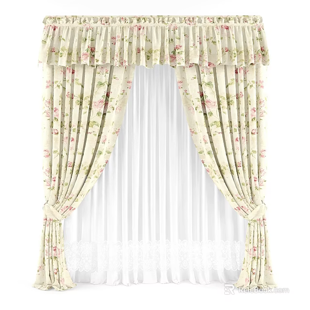 Elegant Beige Curtains With Floral Pattern Ruffled Top And Lace Trim 3d model 
