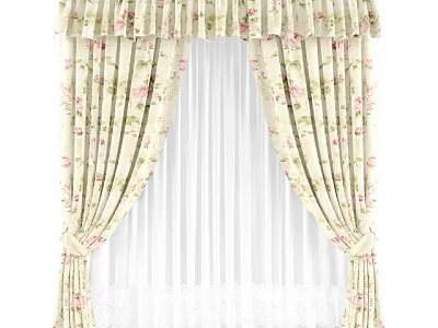 Elegant Beige Curtains With Floral Pattern Ruffled Top And Lace Trim 3d model
