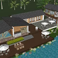 Tropical Boutique Villa Architecture with Palm Trees Wooden Roof and Waterfront Terrace