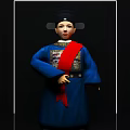 Game Movie Character in Blue Traditional Costume with Red Sash and Ancient Decorative Patterns